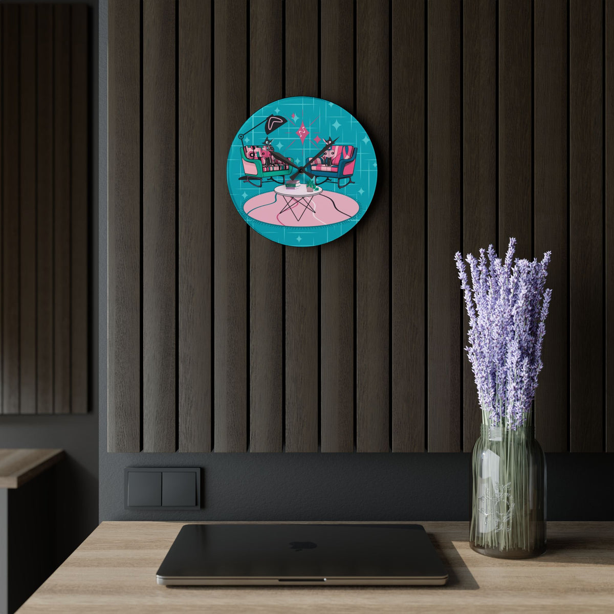 Atomic Reading Cats, Kitschy Mod Quirky Retro Modern Acrylic Wall Clock - Mid Century Modern Gal