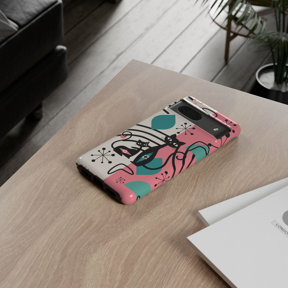 Mid Mod Atomic Cat Boomerang Starburst, Pink, Black Kitschy Stylish Cat Phone Case: Modern Design for Cat Lovers