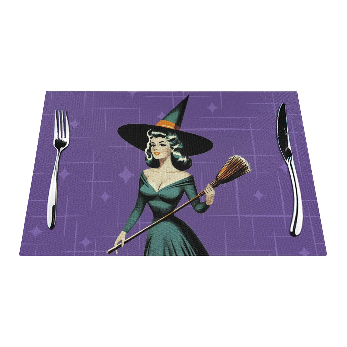 Mid Century Modern Vintage Pin Up Witch Purple Teal Halloween Placemat 1pc - Mid Century Modern Gal