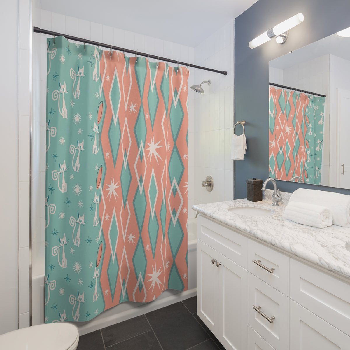 Atomic Cat, White Kitties, Aqua, Coral Pink, Harlequin Diamond, Patchwork, Mid Century Modern Shower Curtain - Mid Century Modern Gal