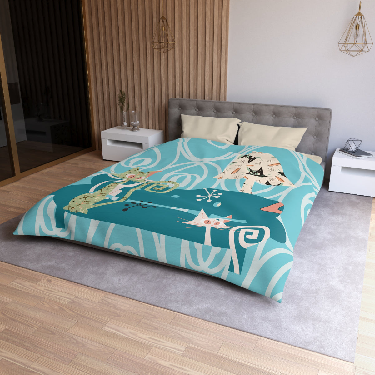 Atomic Cat Bedding, Mid Century Modern Style, Quirky, Whimsical Blue, Coral, Kitschy 50s Funky Fun MCM Duvet Cover - Mid Century Modern Gal