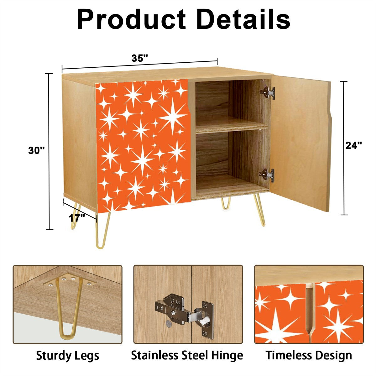 Sinatra Orange, Mid Century Modern Starburst Retro Mod Wooden Storage Cabinet - Mid Century Modern Gal