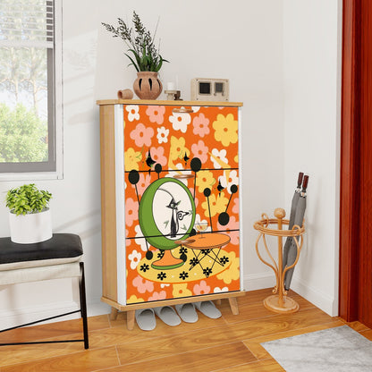 Retro Groovy Cat, Flower Power 70s Vibe, Kitschy Mid Mod Shoe Cabinet - Mid Century Modern Gal