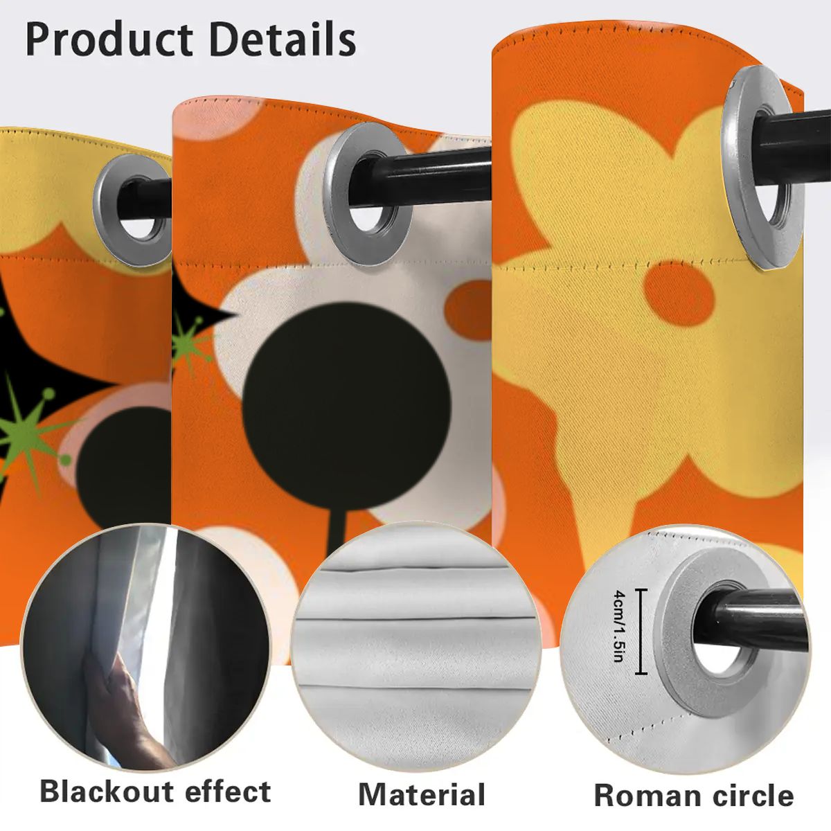 Retro Flower Power Pop Of Orange, Fun Funky Atomic Cat In Egg Chair Blackout Curtains 2 pcs - Mid Century Modern Gal