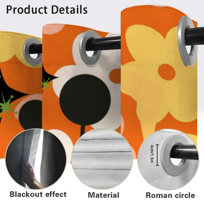 Retro Flower Power Pop Of Orange, Fun Funky Atomic Cat In Egg Chair Blackout Curtains 2 pcs - Mid Century Modern Gal