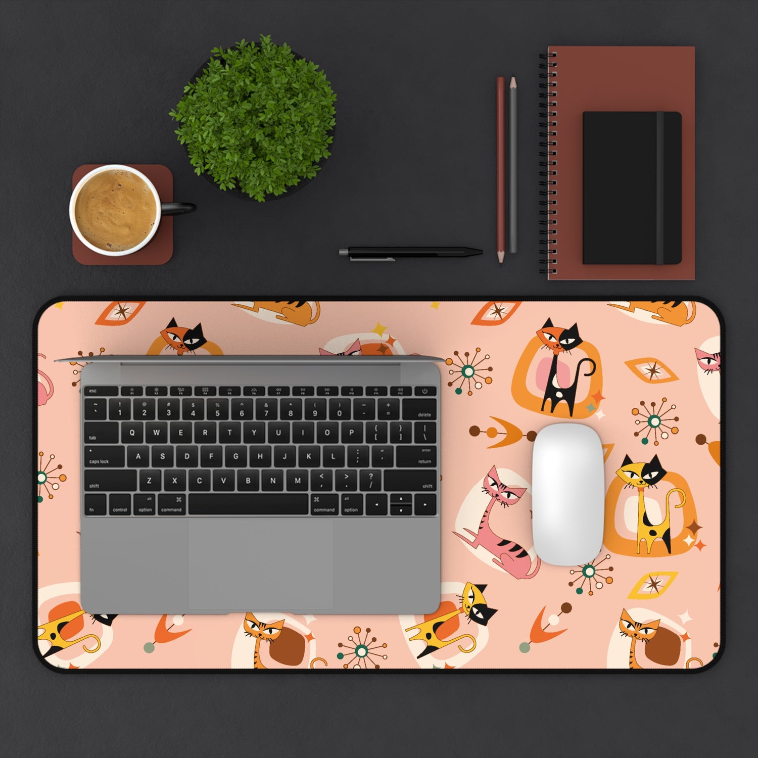 Atomic Cat Desk Mat, Mid Century Modern Office Kitschy Coral Cute Kitties Office Decor