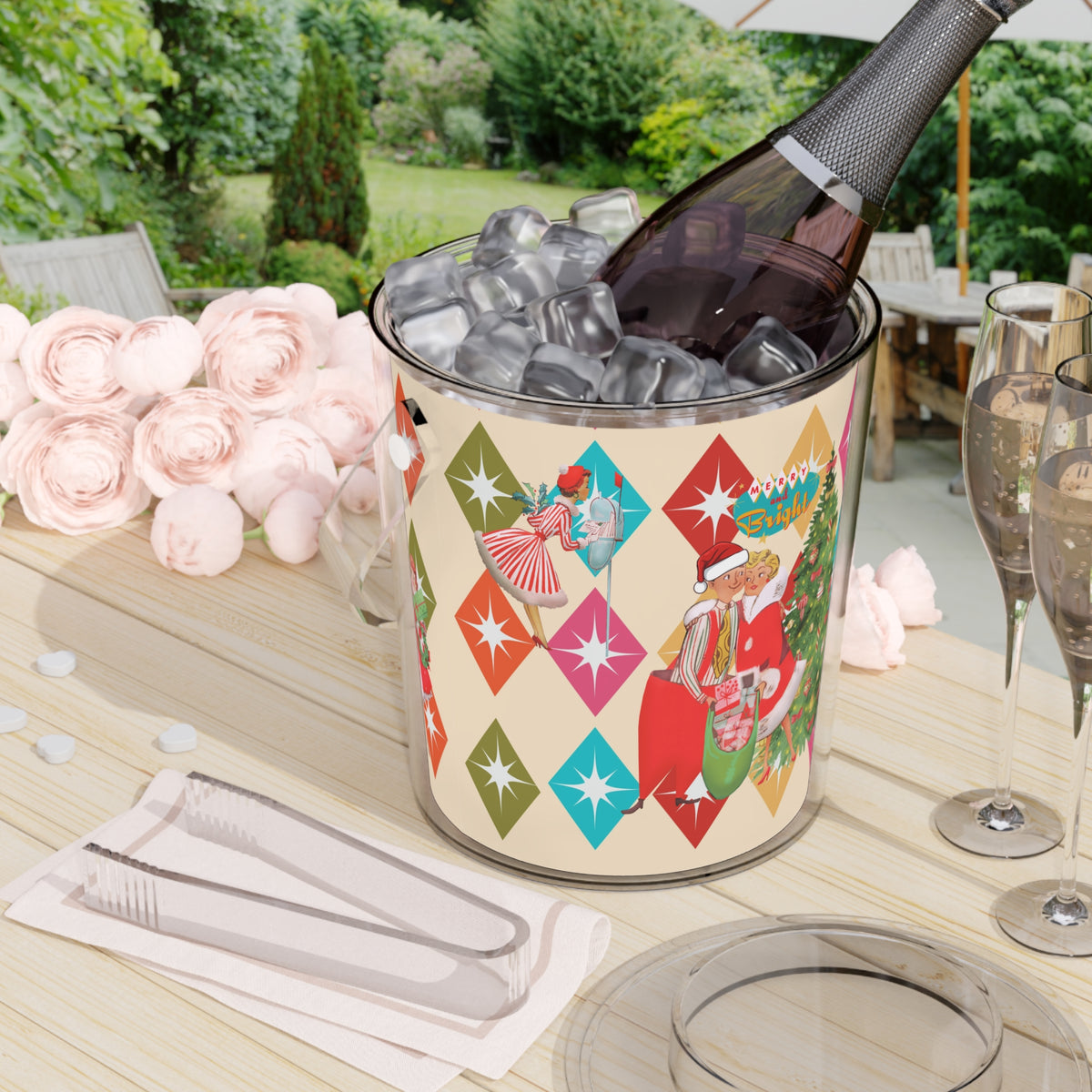 Vintage Holiday Ice Bucket with Tongs, Retro Christmas Barware, Festive Drink Chiller, Holiday Party Essential, Gift for Hosts - Mid Century Modern Gal