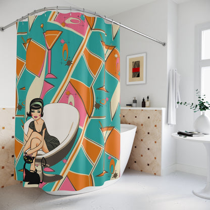 Mid Mod Gal Retro Martini Shower Curtain - Vintage Cocktail Vibes for Fun Bathrooms - Mid Century Modern Gal