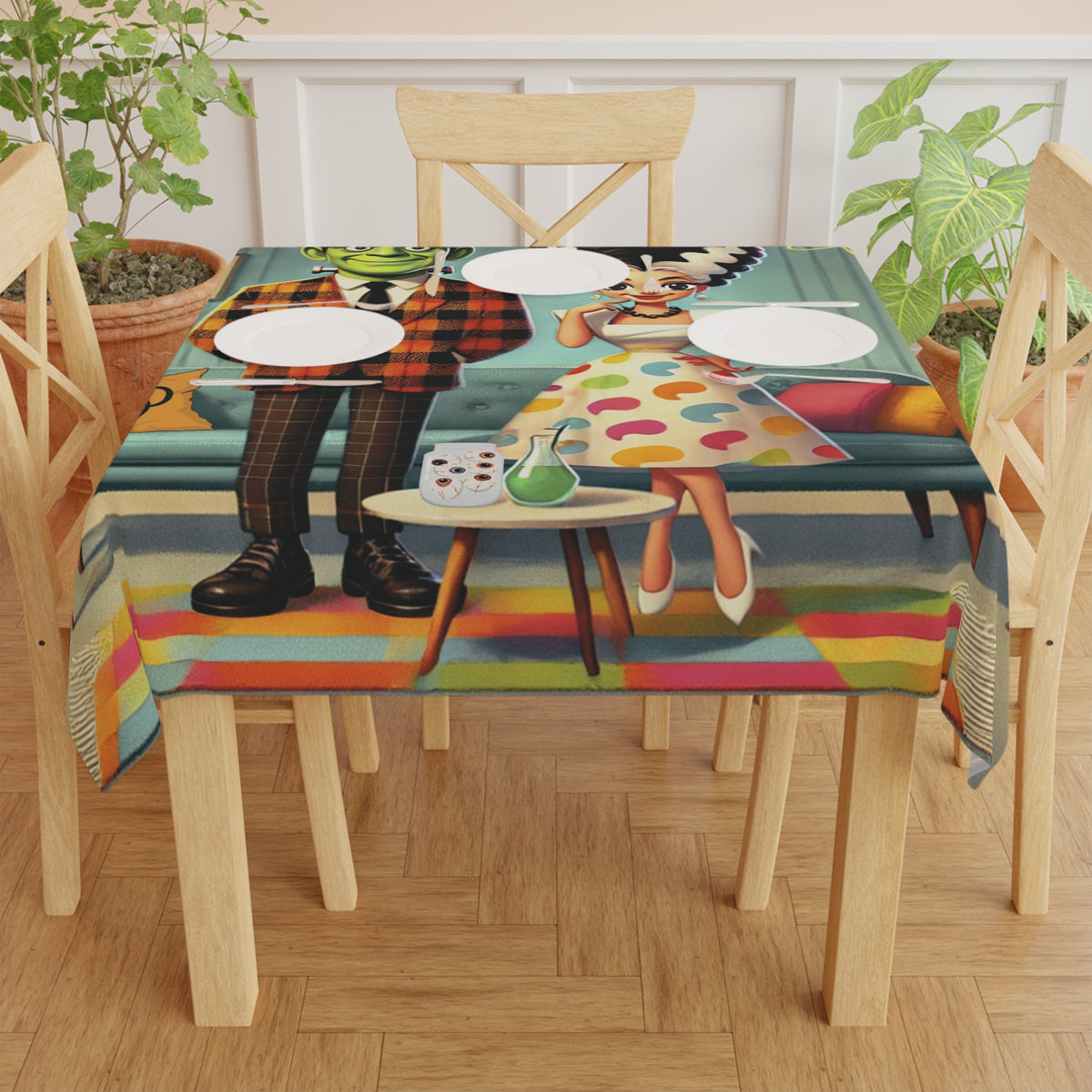 Frankestein And Bride Vintage Halloween Themed Tablecloth with Retro Monster Characters - Mid Century Modern Gal