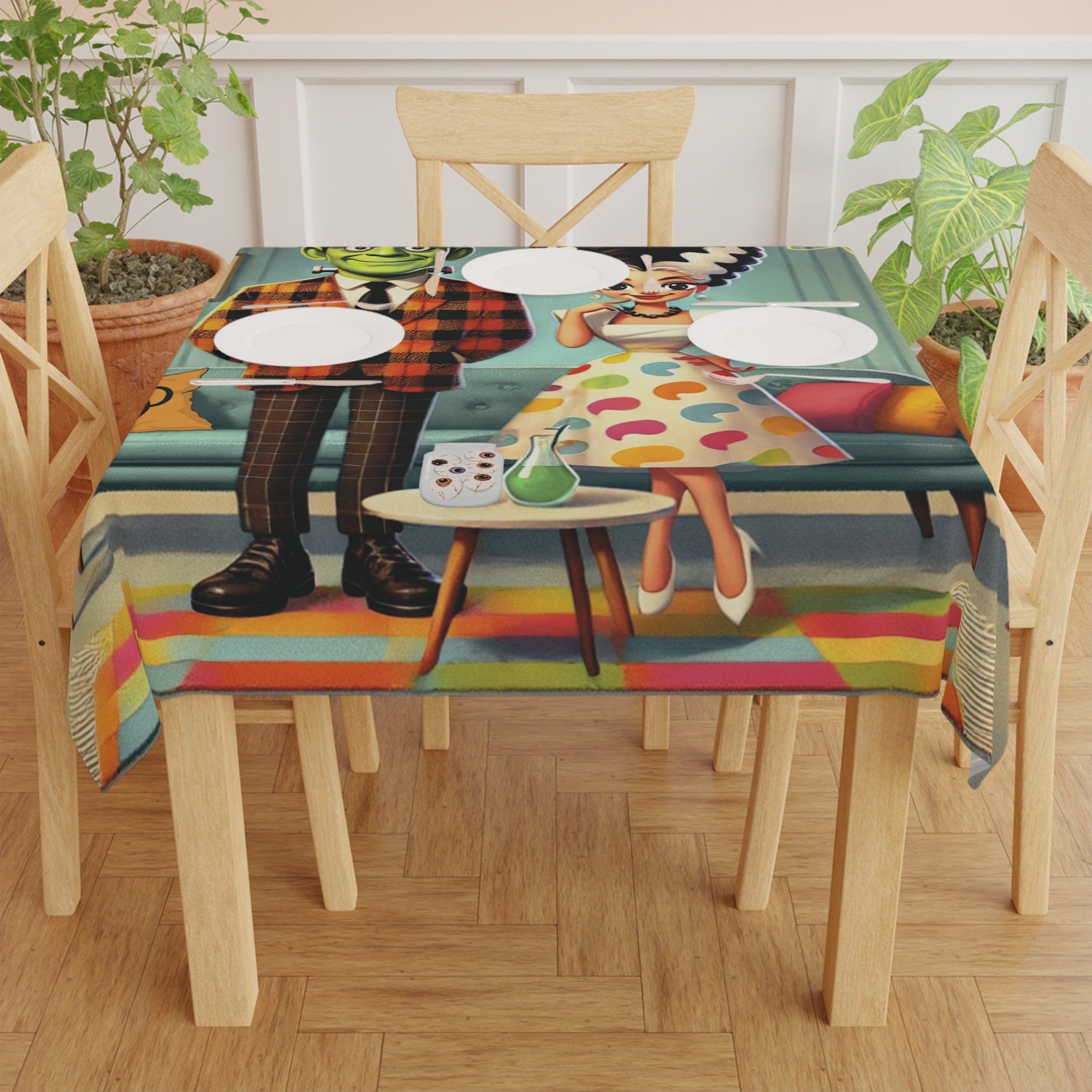 Frankestein And Bride Vintage Halloween Themed Tablecloth with Retro Monster Characters - Mid Century Modern Gal