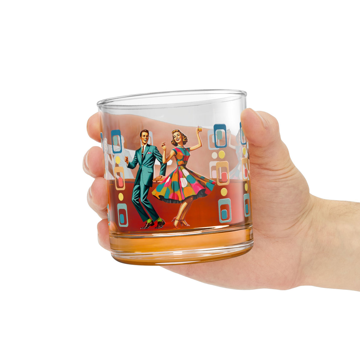 Mid Century Modern Couple, Kitschy Mod Barware Bourbon Rocks Glass, 10oz - Mid Century Modern Gal