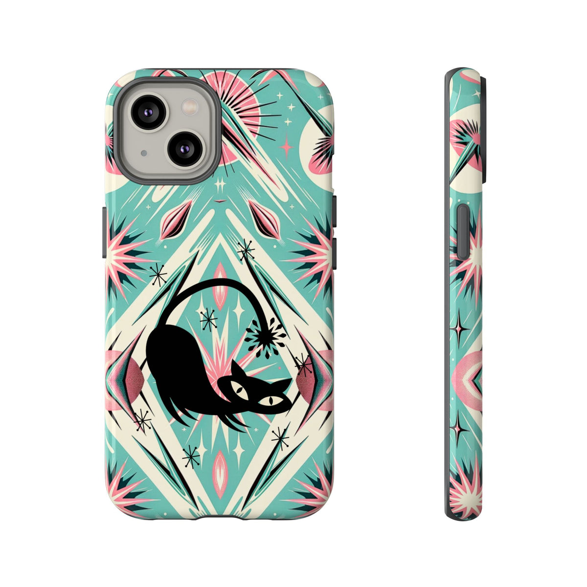 Atomic Cat, Mid Century Modern Aqua Blue, Pink, Starbursts Tough Phone Case