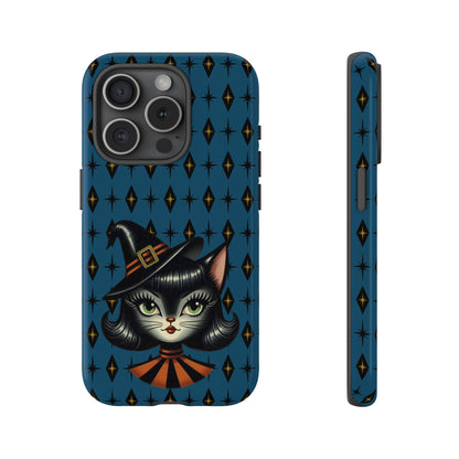 Vintage Halloween Black Cat Sexy Sexton Mid Century Modern Blue Tough Phone Case