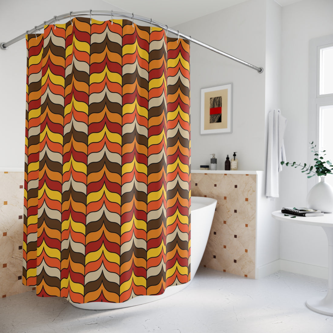 Retro 70s Scandinavian Design, Groovy Wave Mid Century Modern Shower Curtain - Mid Century Modern Gal
