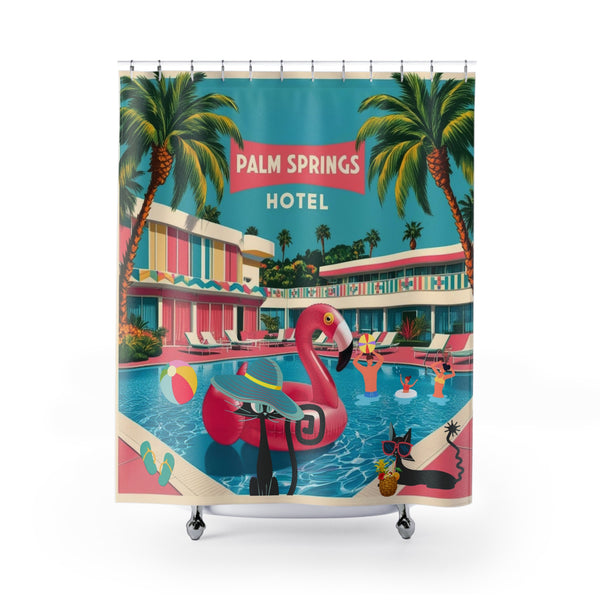 Vintage Palm Springs Hotel Flamingo, Atomic Kitschy Cats Shower Curtain – Retro Tropical Decor for Bathroom