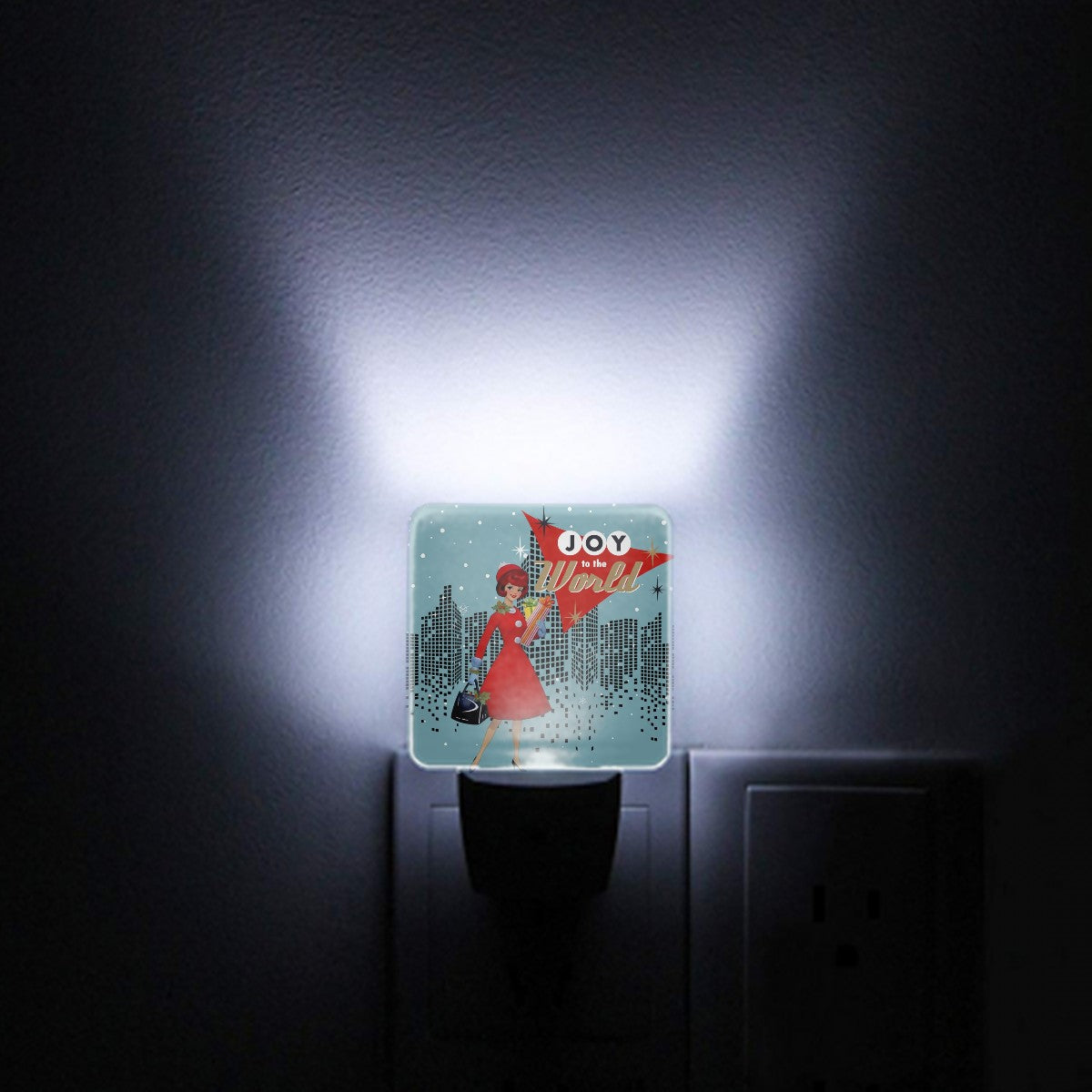 Mid Century Modern Christmas 50s Retro City Gal Joy To The World LED Night Light Set of 2 - Mid Century Modern Gal