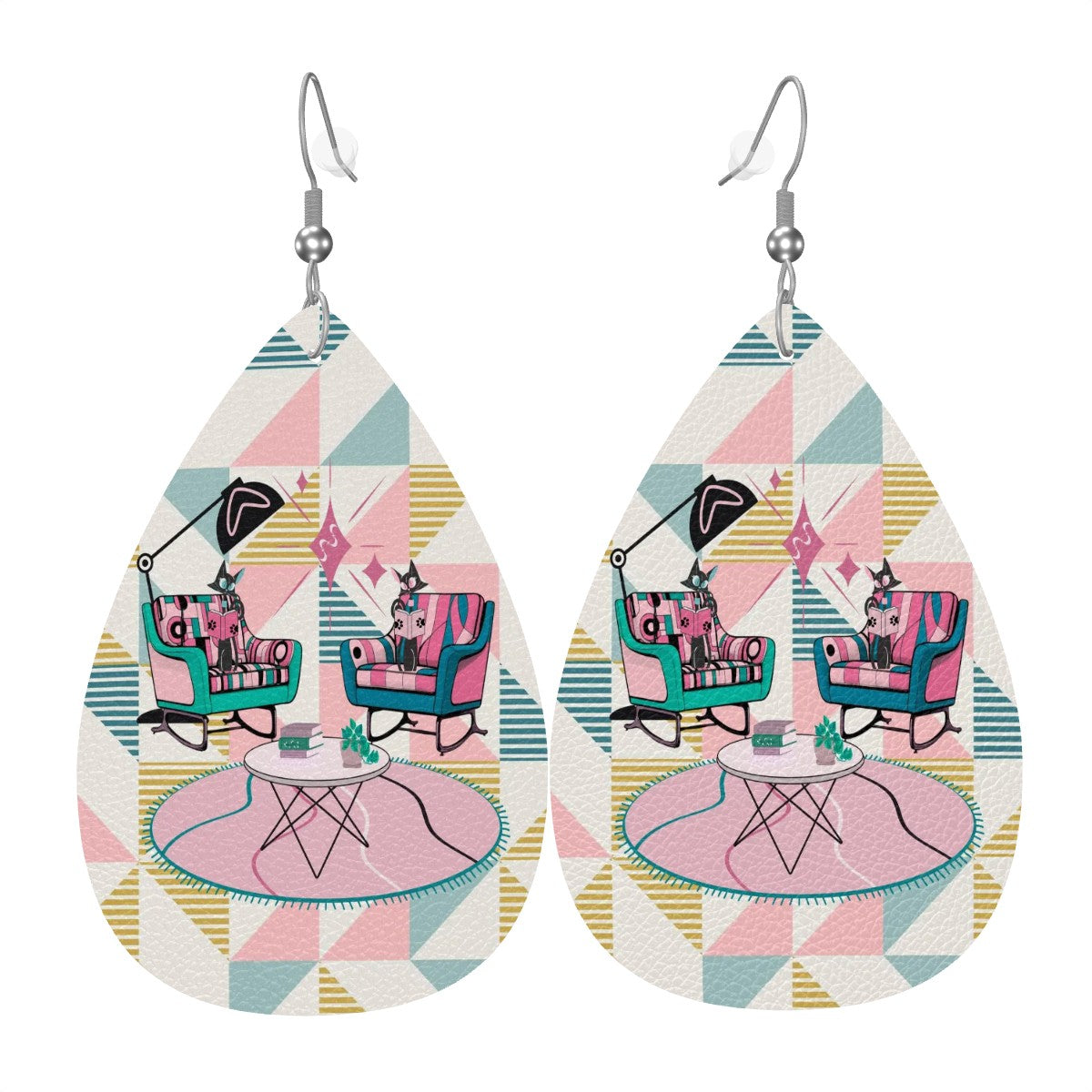 Atomic Reading Cats, Kitschy Mod Fun Quirky Faux Retro Leather Teardrop Earrings - Mid Century Modern Gal