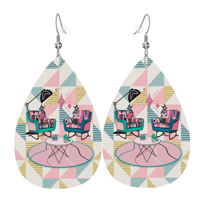 Atomic Reading Cats, Kitschy Mod Fun Quirky Faux Retro Leather Teardrop Earrings - Mid Century Modern Gal