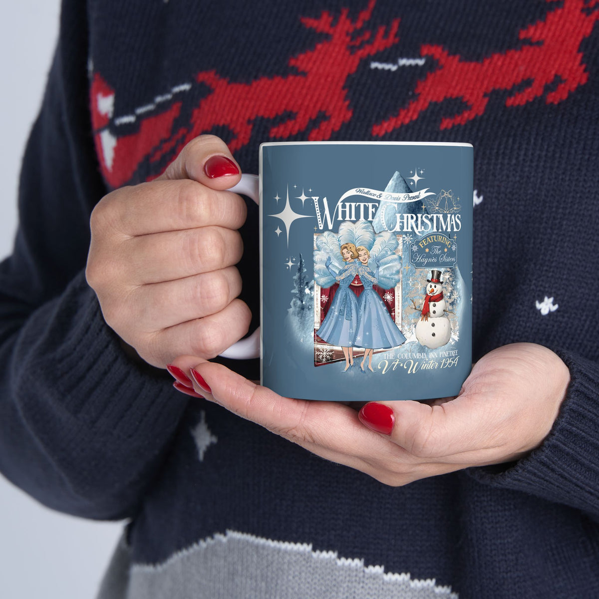 Sister Sister Wallace and Davis White Christmas Kitschy 50s Holiday Ceramic Mug - Mid Century Modern Gal