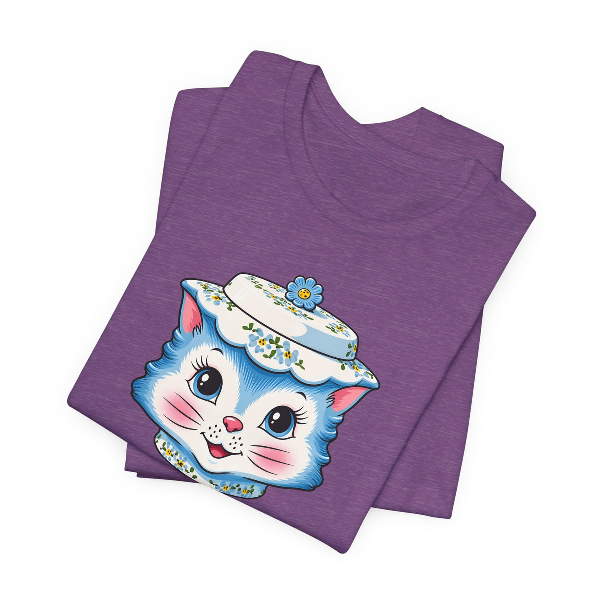Mid Century Modern Kitschy Anthropomorphic Blue Cat with Floral Hat Unisex T-Shirt