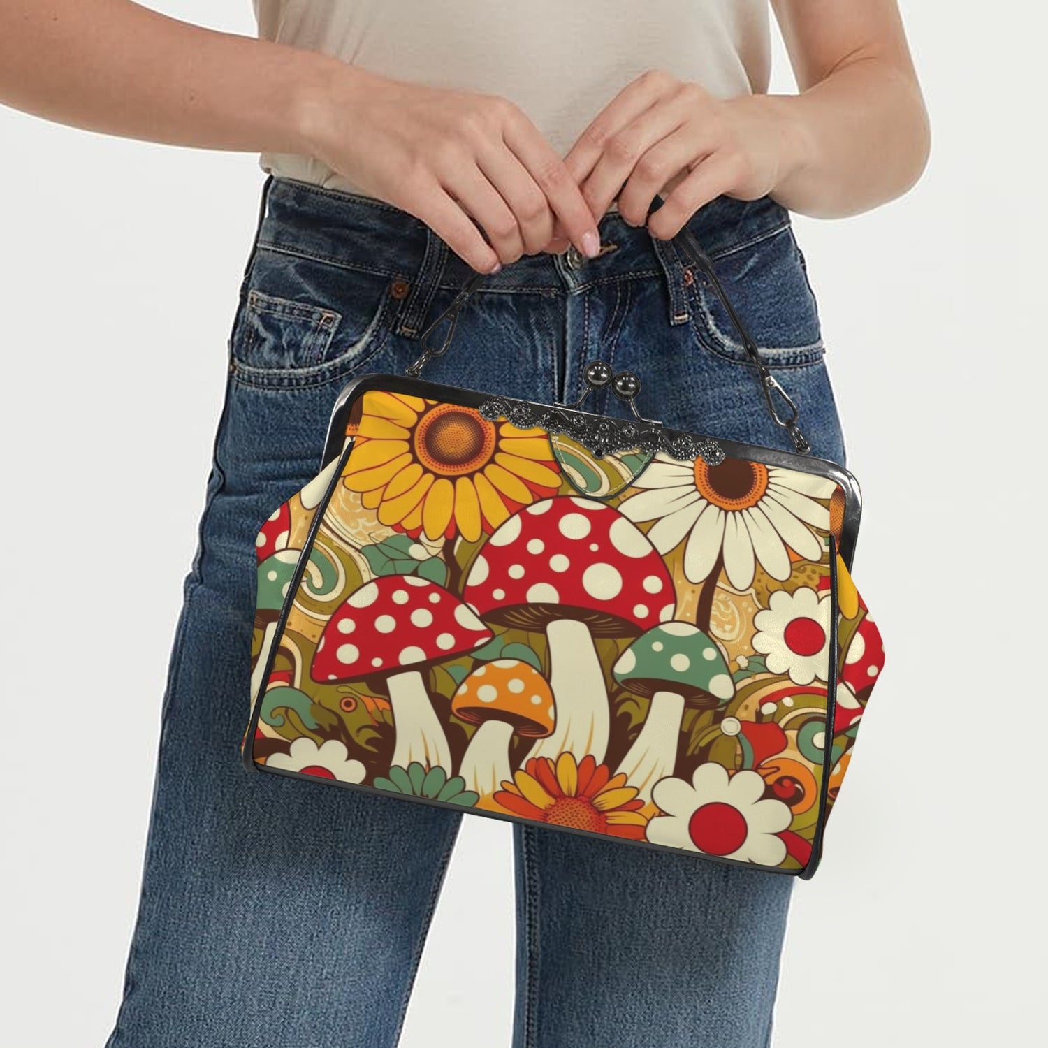 Retro Groovy Mushroom Funky Mod Kisslock Crossbody Purse - Mid Century Modern Gal