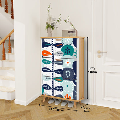 Scandinavian Blue Orange White, Teal Modern Danish Floral Shoe Cabinet - Mid Century Modern Gal