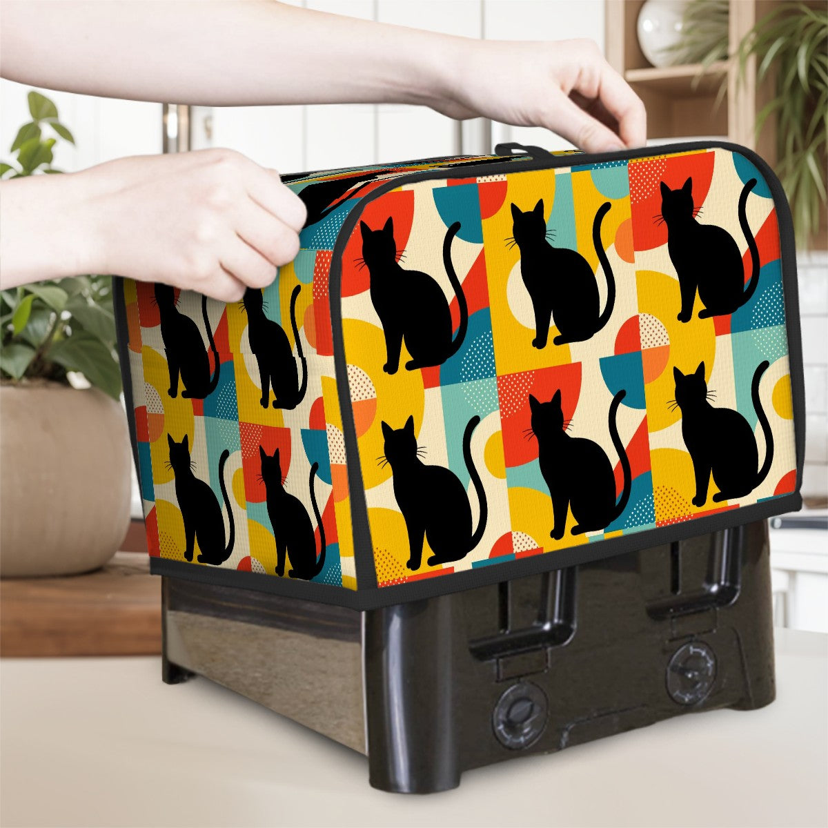 Pop Art Black Atomic Cats, Red Blue Yellow 2 Slice Toaster Cover - Mid Century Modern Gal