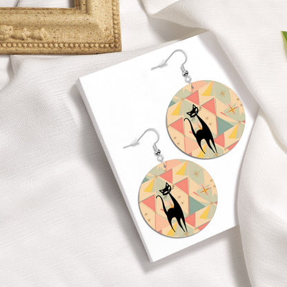 Atomic Cat, Mid Mod Pink Aqua Kitschy Mod Faux Leather Round Earrings - Mid Century Modern Gal