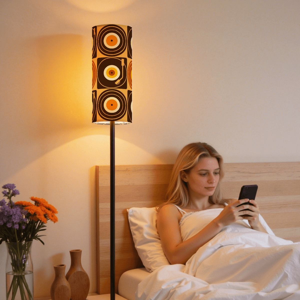 Groovy Retro Record Players, Brown Orange Yellow, Slim Floor Lamp - Mid Century Modern Gal
