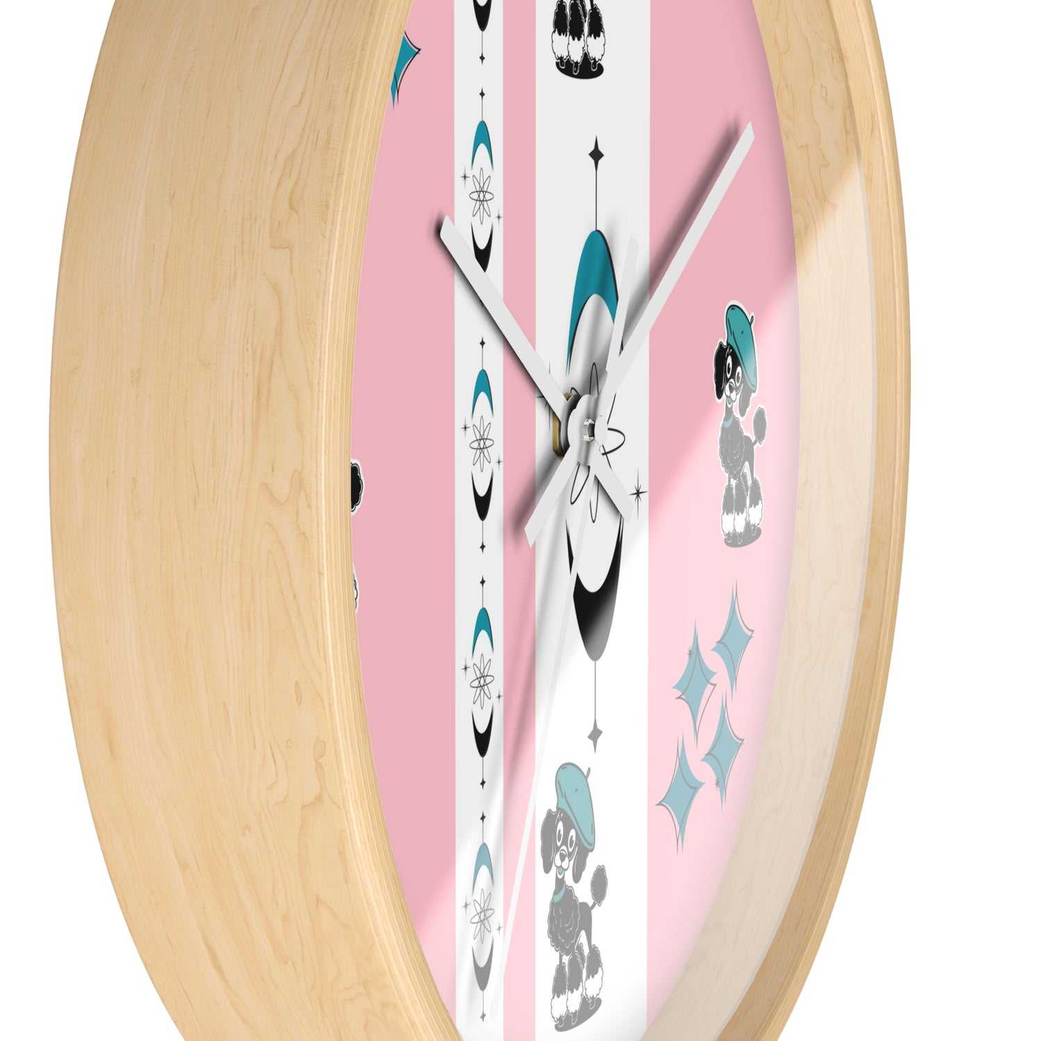 Mid Century Modern Atomic Pink Starburst Wall Clock with Cute Retro Mod Poodle Design - Mid Century Modern Gal
