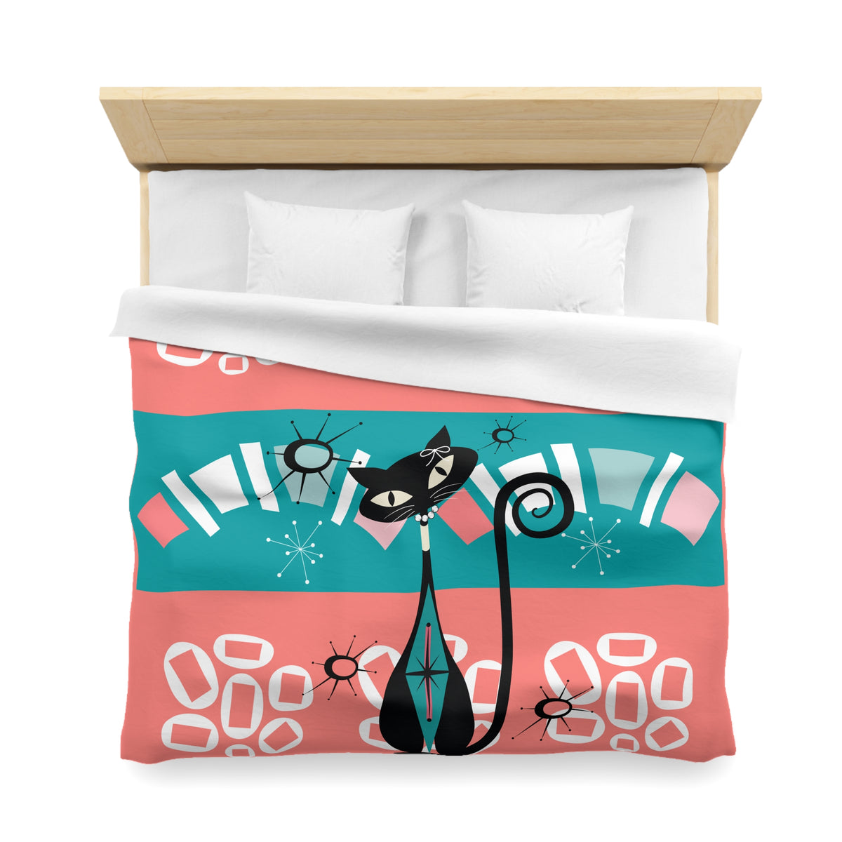 Mid Century Modern Atomic Cat, Coral, Teal, White Kitschy Funky Mod Duvet - Mid Century Modern Gal