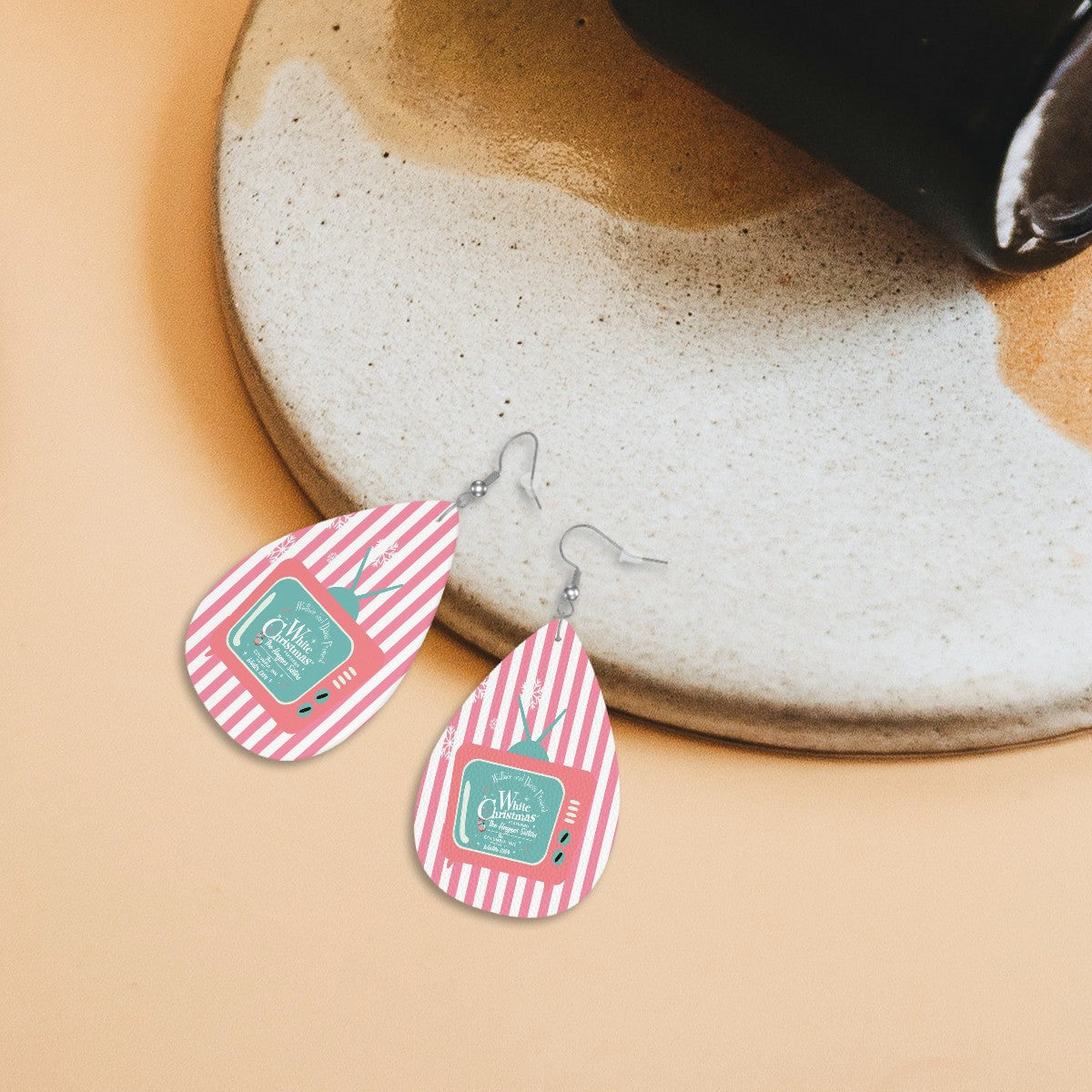 Wallace and Davis Christmas Earrings, White Pink Striped Holiday Faux Leather Teardrop Earrings - Mid Century Modern Gal