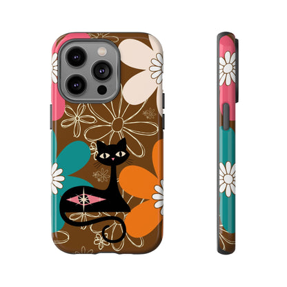 Atomic Cat Retro 70s Vibe Flower Power Tough Cases: Cute Floral and Cat Phone Case for Cat Lovers - Mid Century Modern Gal