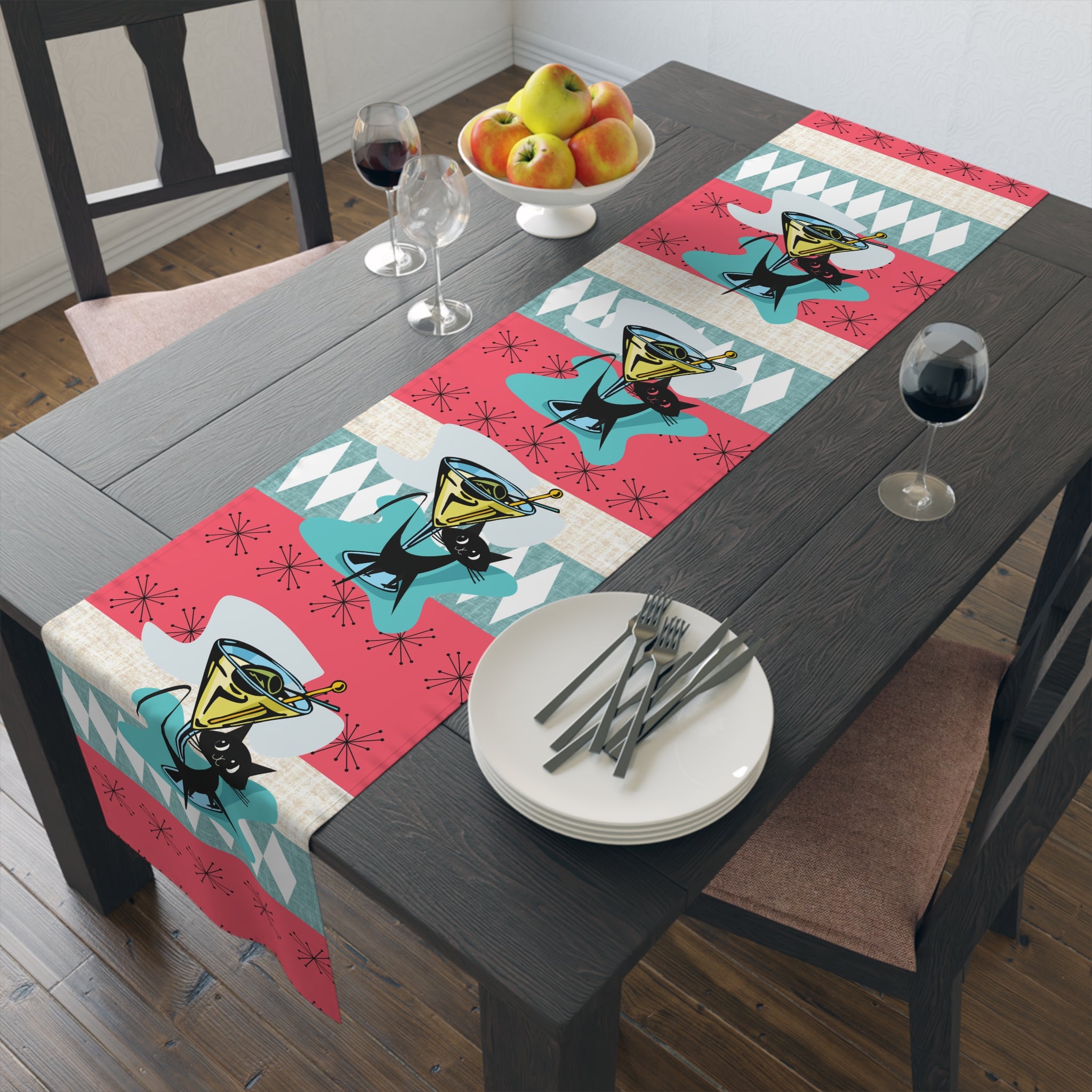 Atomic Martini Cat, Mid Mod Coral, Aqua, Starbursts Mid Century Modern Barware Table Runner - Mid Century Modern Gal