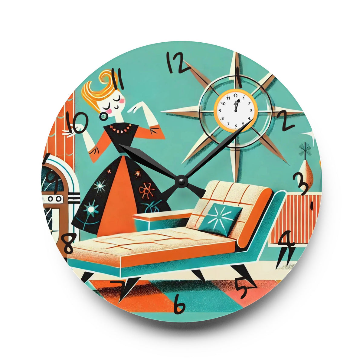 Mid Century Modern Wall Clock, Kitschy Mod Gal, Dance Like No One Is Watching Retro Mid-Century Modern Acrylic Wall Clock - Vintage Home Decor - Mid Century Modern Gal