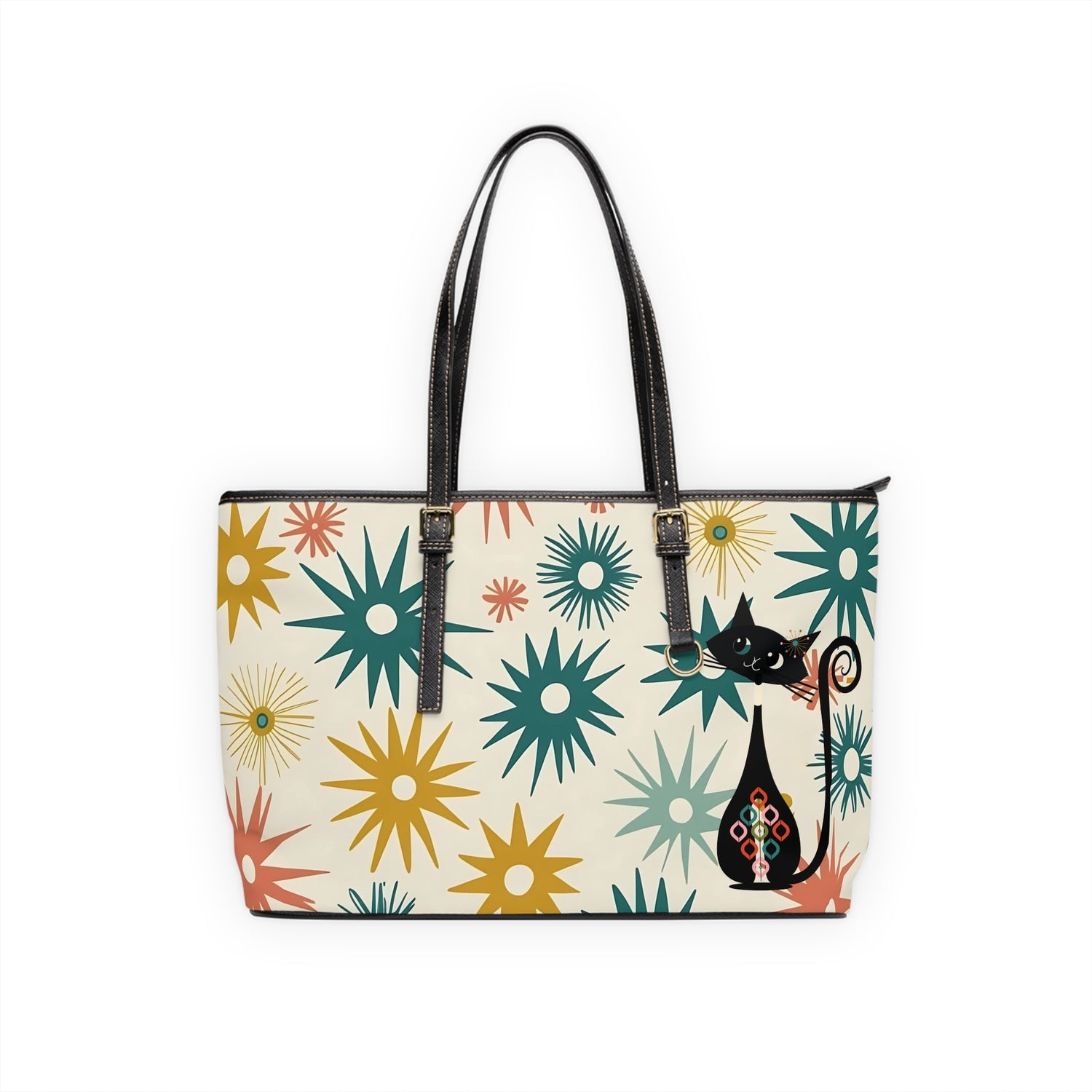 Atomic Cat, Mid Mod Starburst Stylish Shoulder Bag with Whimsical Cat &amp; Star Design - Mid Century Modern Gal