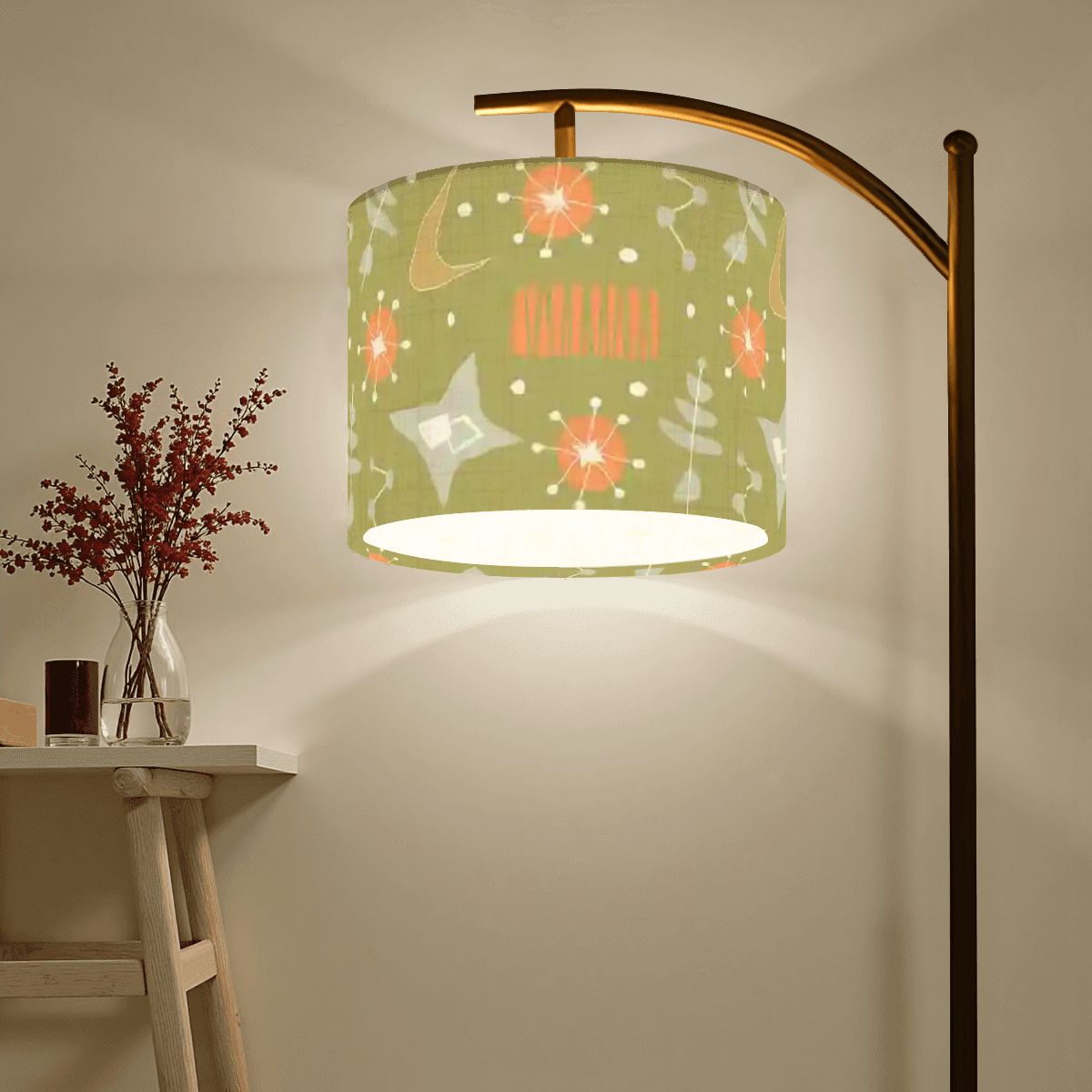 Atomic Space Mid Century Modern Arc Floor Lamp, Orange Boomerang, Green Starbursts - Mid Century Modern Gal