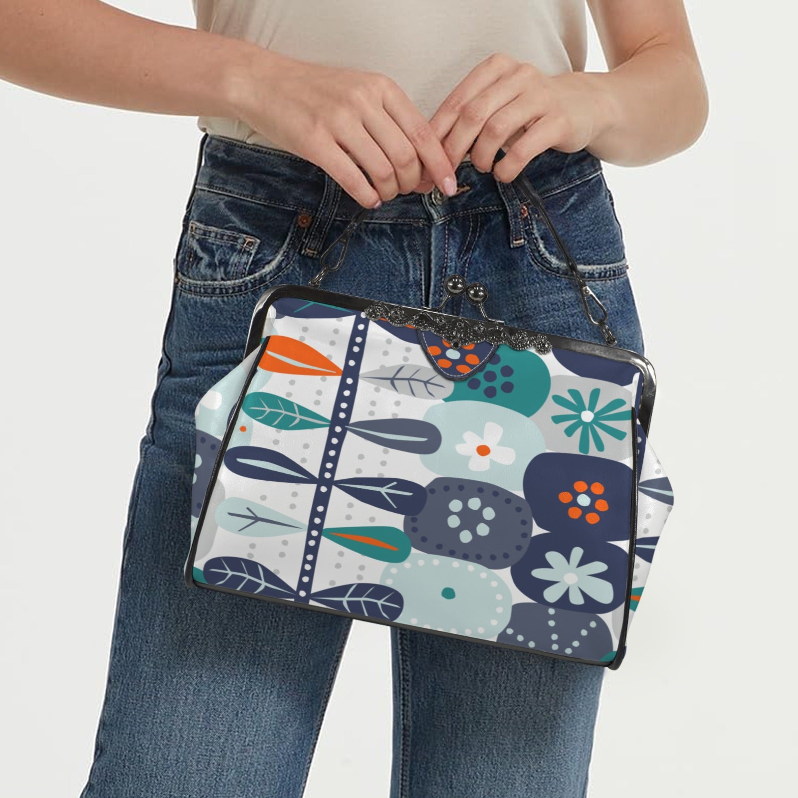 Scandinavian Blue Orange White Teal Modern Danish Floral Kisslock Crossbody Purse - Mid Century Modern Gal