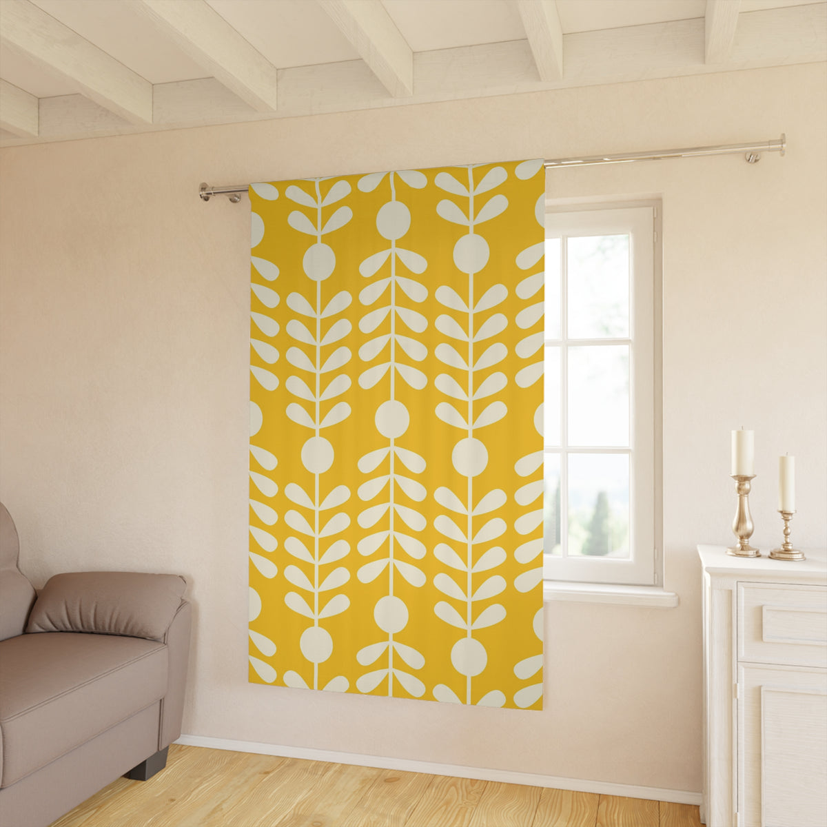 Scandinavian, Modern Danish, Minimalist, Yellow White, Abstract, Hygge Folk  Art Retro Mod Window Curtains (1 Piece) - Mid Century Modern Gal