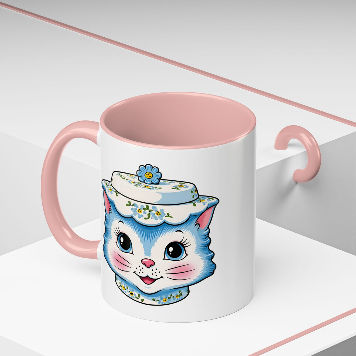 Mid Century Modern Kitschy Anthropomorphic Blue Cat with Floral Hat Accent Coffee Mug - Mid Century Modern Gal