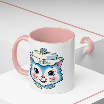 Mid Century Modern Kitschy Anthropomorphic Blue Cat with Floral Hat Accent Coffee Mug - Mid Century Modern Gal