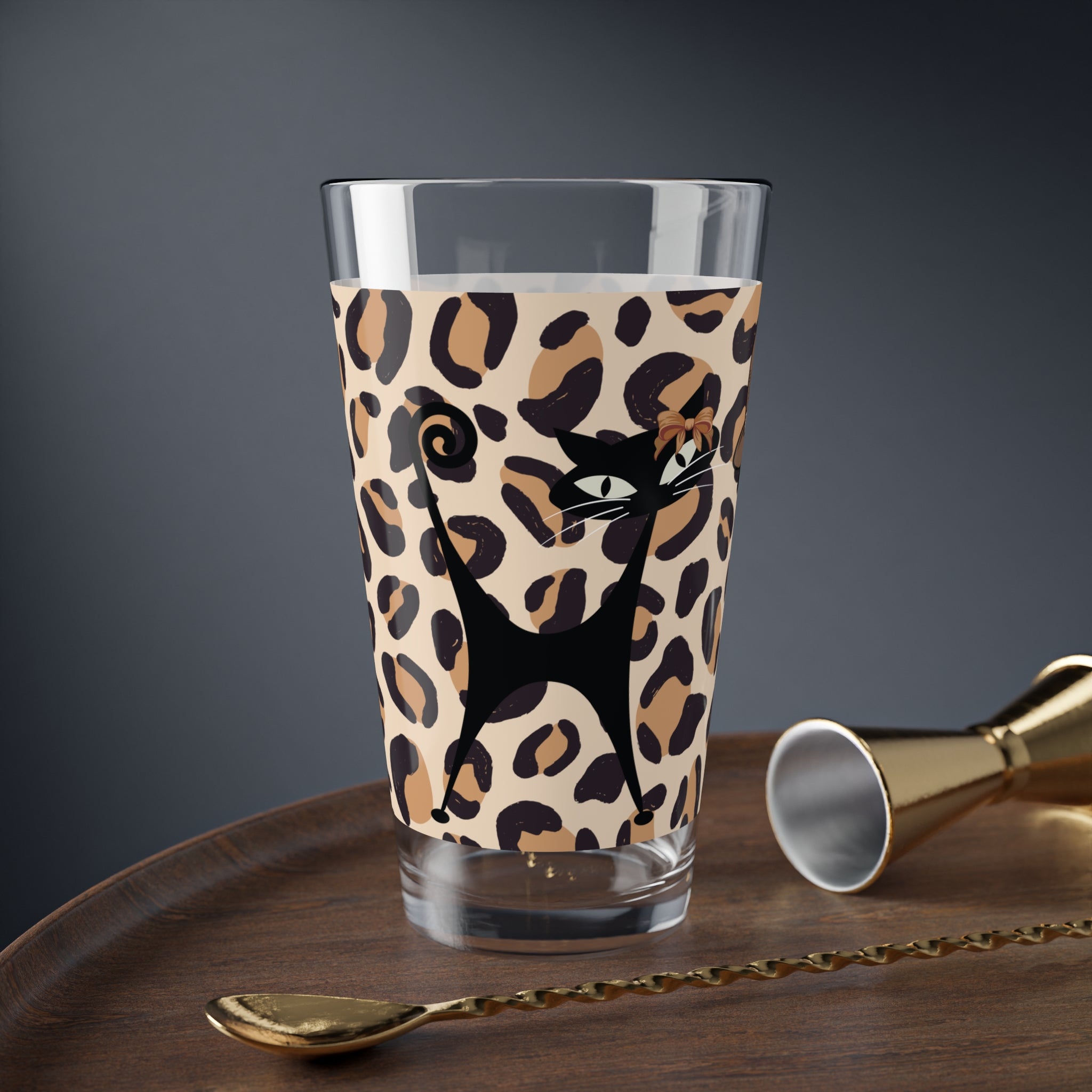 Atomic Cats 50s Mid Century Modern Barware, Kitschy Fun Leopard Print Glass