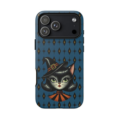 Vintage Halloween Black Cat Sexy Sexton Mid Century Modern Blue Tough Phone Case