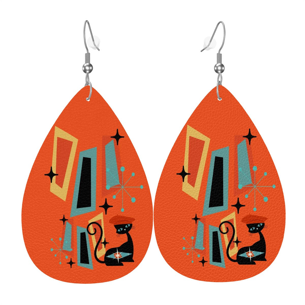 Atomic Cat Earrings, Mid Mod Orange Retro Geometric Designed Faux Leather Teardrop Earrings - Mid Century Modern Gal