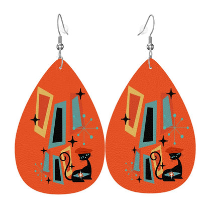 Atomic Cat Earrings, Mid Mod Orange Retro Geometric Designed Faux Leather Teardrop Earrings - Mid Century Modern Gal