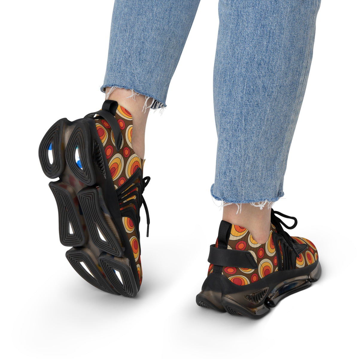 Retro Groovy Orbs, Brown, Orange Yellow Hip Style Women's Mesh Sneakers with Colorful Design - Mid Century Modern Gal