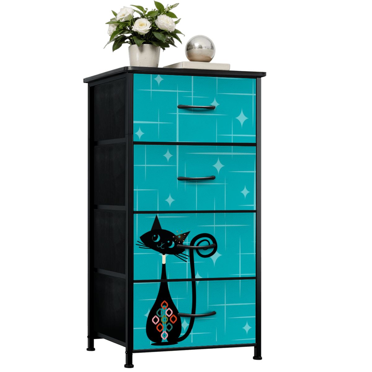 Atomic Kitschy Mod Cat, Teal, Mid Century Modern 4-Drawer Dresser - Mid Century Modern Gal