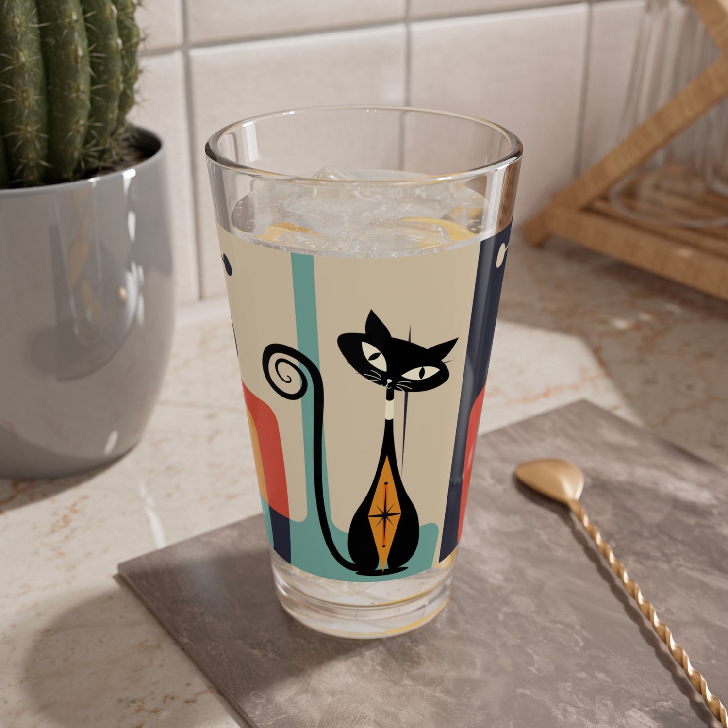 Atomic Kitschy Black Cat Pint Glass, Mid Century Modern Retro MCM Barware