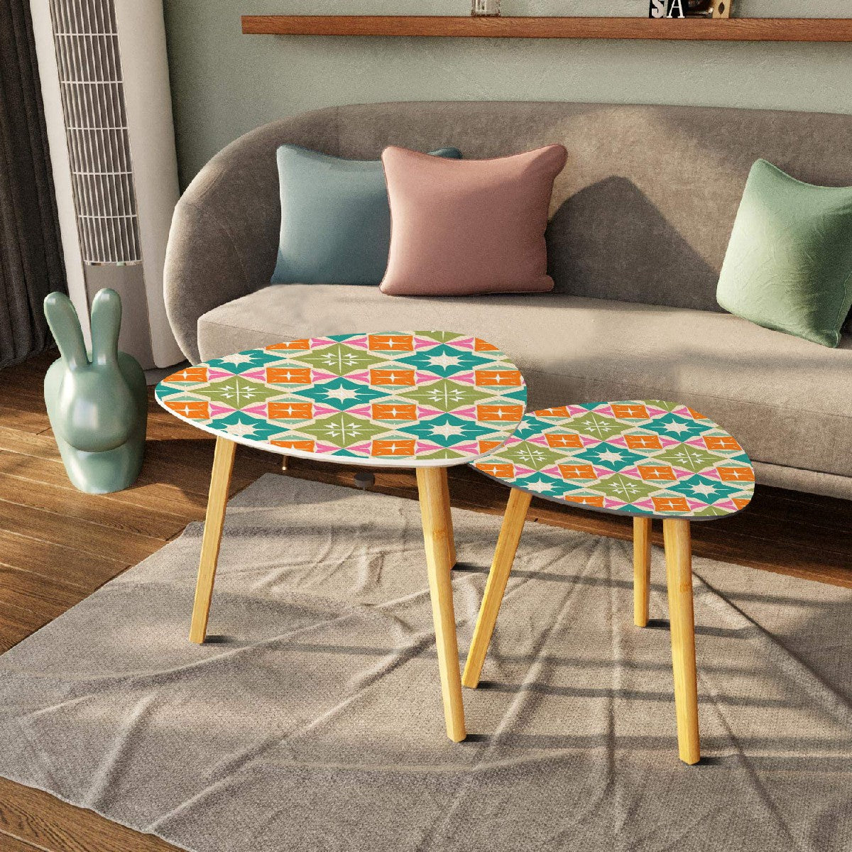Mid Century Modern Atomic Diamond Starbursts, Orange, Green Teal Retro Mod Nesting Tables - Mid Century Modern Gal