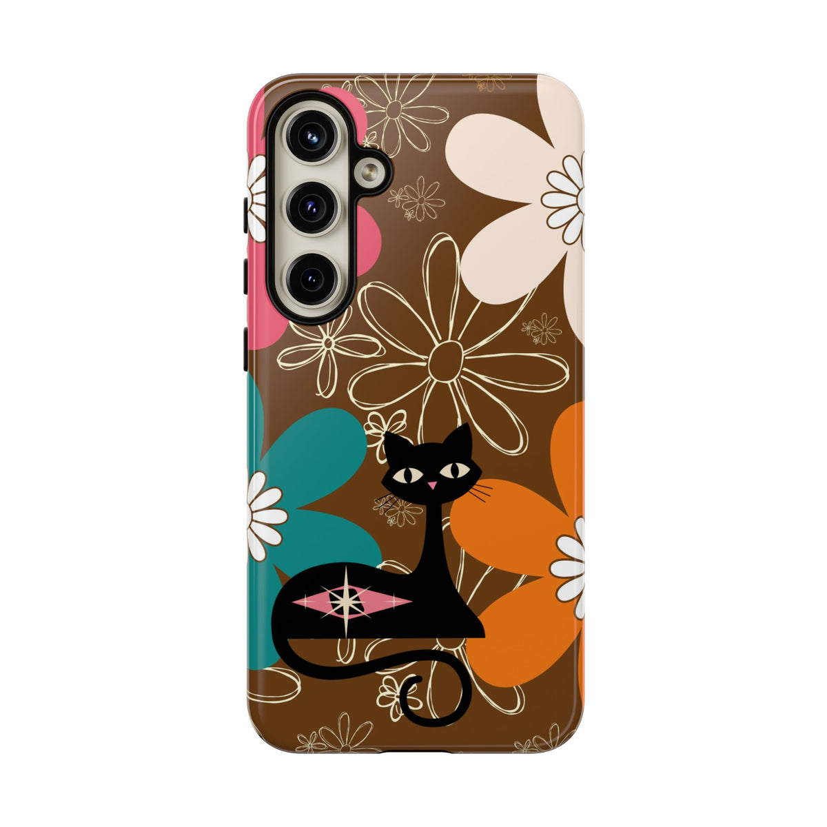 Atomic Cat Retro 70s Vibe Flower Power Tough Cases: Cute Floral and Cat Phone Case for Cat Lovers - Mid Century Modern Gal